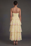 Yellow Floral Tiered Spaghetti Straps Corset Long Beach Wedding Guest Dress