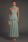 White Blue Floral A Line Floral Pleated Long Beach Wedding Guest Dress with Neck Scarf