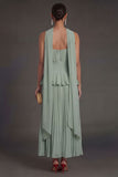 White Blue Floral A Line Floral Pleated Long Beach Wedding Guest Dress with Neck Scarf
