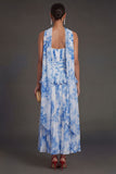 White Blue Floral A Line Floral Pleated Long Beach Wedding Guest Dress with Neck Scarf