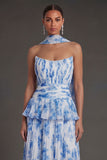 White Blue Floral A Line Floral Pleated Long Beach Wedding Guest Dress with Neck Scarf