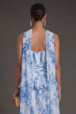 White Blue Floral A Line Floral Pleated Long Beach Wedding Guest Dress with Neck Scarf