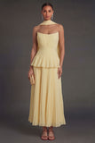 White Blue Floral A Line Floral Pleated Long Beach Wedding Guest Dress with Neck Scarf