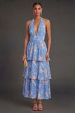 Blue Floral A Line Halter Neck Tiered Long Beach Wedding Guest Dress