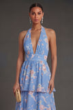 Blue Floral A Line Halter Neck Tiered Long Beach Wedding Guest Dress