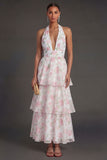 Blue Floral A Line Halter Neck Tiered Long Beach Wedding Guest Dress