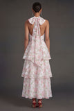 Blue Floral A Line Halter Neck Tiered Long Beach Wedding Guest Dress