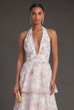 Blue Floral A Line Halter Neck Tiered Long Beach Wedding Guest Dress