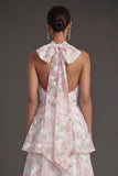 Blue Floral A Line Halter Neck Tiered Long Beach Wedding Guest Dress