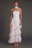 Yellow Floral Ruffled Tiered A Line Strapless Long Beach Wedding Guest Dress