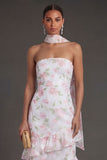 Yellow Floral Ruffled Tiered A Line Strapless Long Beach Wedding Guest Dress