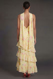 Yellow Floral Ruffled Tiered A Line Strapless Long Beach Wedding Guest Dress