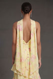 Yellow Floral Ruffled Tiered A Line Strapless Long Beach Wedding Guest Dress
