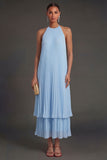 Sky Blue Halter Neck Sleeveless Long Wedding Guest Dress