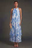 Sky Blue Halter Neck Sleeveless Long Wedding Guest Dress