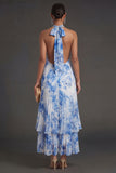 Sky Blue Halter Neck Sleeveless Long Wedding Guest Dress