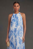 Sky Blue Halter Neck Sleeveless Long Wedding Guest Dress