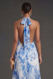 Sky Blue Halter Neck Sleeveless Long Wedding Guest Dress