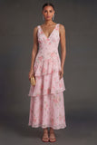 Pink Floral A Line Tiered V Neck Long Beach Wedding Guest Dress
