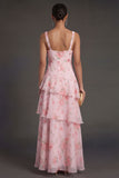 Pink Floral A Line Tiered V Neck Long Beach Wedding Guest Dress