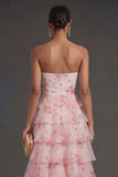 A Line Floral Tiered Ruffled Pink Long Beach Wedding Guest Dress