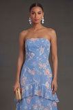 Tiered Ruffled Blue Floral A Line Long Beach Wedding Guest Dress