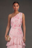 One Shoulder Ruched Floral A Line Tiered Long Beach Wedding Guest Dress