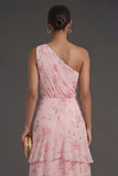 One Shoulder Ruched Floral A Line Tiered Long Beach Wedding Guest Dress