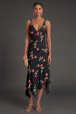 Black Floral Thick Straps Ruffled High Low Beach Wedding Guest Dress