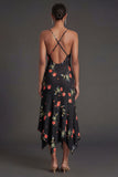 Black Floral Thick Straps Ruffled High Low Beach Wedding Guest Dress