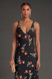 Black Floral Thick Straps Ruffled High Low Beach Wedding Guest Dress