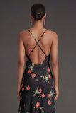 Black Floral Thick Straps Ruffled High Low Beach Wedding Guest Dress