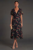 Short Sleeves A Line Floral Black Midi Beach Wedding Guest Dress