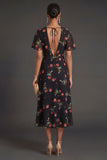 Short Sleeves A Line Floral Black Midi Beach Wedding Guest Dress