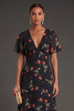 Short Sleeves A Line Floral Black Midi Beach Wedding Guest Dress