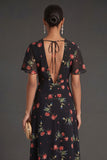 Short Sleeves A Line Floral Black Midi Beach Wedding Guest Dress