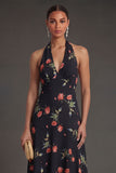 Black Floral Halter Neck A Line Long Beach Wedding Guest Dress