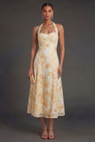 Floral Yellow A Line Halter Neck Midi Beach Wedding Guest Dress
