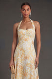 Floral Yellow A Line Halter Neck Midi Beach Wedding Guest Dress