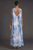 White Blue Floral Sheath Long Beach Wedding Guest Dress with Neck Scarf