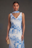 White Blue Floral Sheath Long Beach Wedding Guest Dress with Neck Scarf