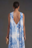 White Blue Floral Sheath Long Beach Wedding Guest Dress with Neck Scarf