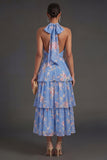 Tiered Ruffled Blue Floral A Line Long Beach Wedding Guest Dress with Bow