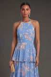 Tiered Ruffled Blue Floral A Line Long Beach Wedding Guest Dress with Bow