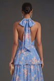 Tiered Ruffled Blue Floral A Line Long Beach Wedding Guest Dress with Bow