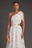 White Pink Floral Cut Out One Shoulder A Line Midi Beach Wedding Guest Dress
