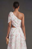 White Pink Floral Cut Out One Shoulder A Line Midi Beach Wedding Guest Dress