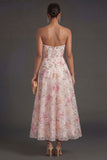 Sequined Sparkly A Line Floral Strapless Midi Beach Wedding Guest Dress