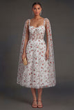 Corset Ivory Floral Thick Straps Sleeveless Midi Beach Wedding Guest Dress with Cape