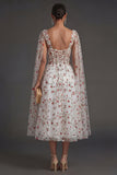 Corset Ivory Floral Thick Straps Sleeveless Midi Beach Wedding Guest Dress with Cape